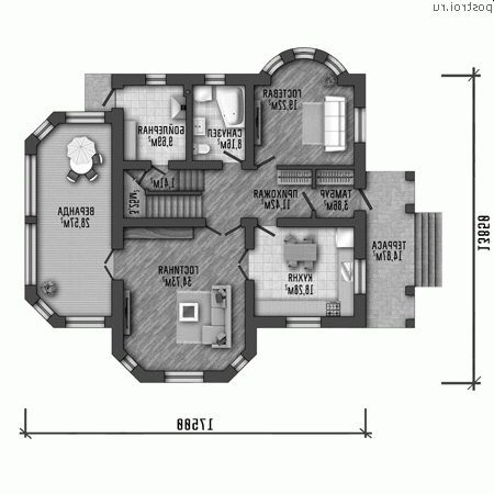 Y-252-1P проект двухэтажного коттеджа из пеноблоков размером 14 на 18 - 1-й этаж Y-252-1P проект двухэтажного коттеджа из пеноблоков размером 14 на 18 - 1-й этаж
