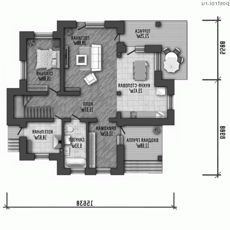 Y-263-1P проект двухэтажного дома из пеноблоков размером 16 на 14 - 1-й этаж