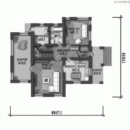 Y-271-1P проект двухэтажного дома из пеноблоков размером 18 на 15 - 1-й этаж