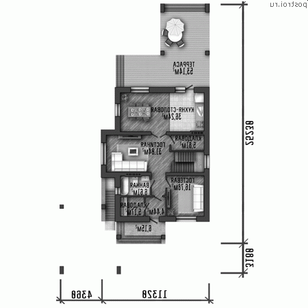 Y-350-1P проект двухэтажного дома из пенобетона с цоколем размером 16 на 25 - 1-й этаж Y-350-1P проект двухэтажного дома из пенобетона с цоколем размером 16 на 25 - 1-й этаж