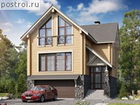 N-214-1D проект двухэтажного деревянного дома из бруса с цоколем и гаражом размером 9 на 14