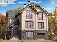 N-261-2D проект двухэтажного деревянного дома из бруса с цоколем и гаражом размером 11 на 11