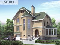 N-314-1P проект двухэтажного дома из пенобетона с цоколем и гаражом размером 10 на 14 