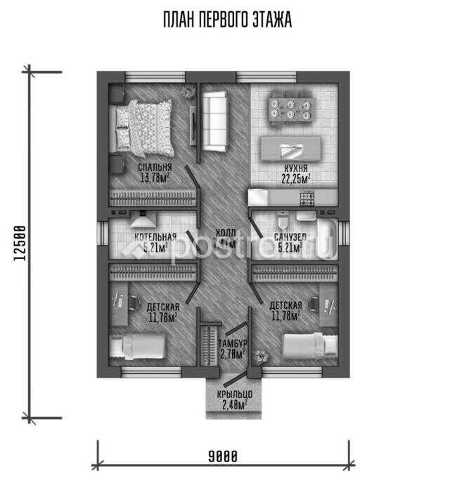 P-081-1P проект дома из пеноблока размером 9 на 13 - 1-й этаж