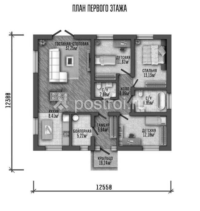 P-106-1P проект коттеджа из пенобетона размером 13 на 12 - 1-й этаж