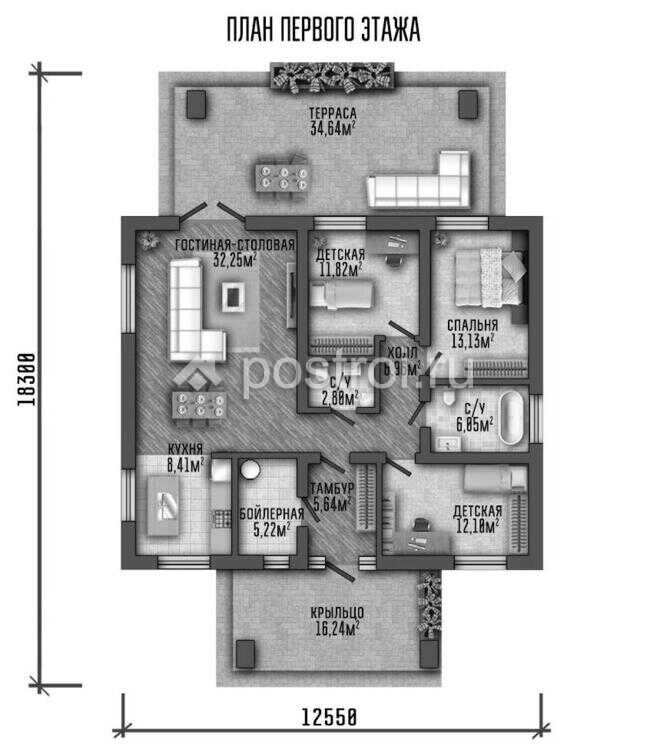 P-130-1P проект коттеджа из газобетона размером 13 на 18 - 1-й этаж