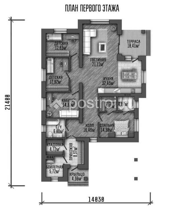 P-136-1P проект дома из газобетона с гаражом размером 14 на 21 - 1-й этаж P-136-1P проект дома из газобетона с гаражом размером 14 на 21 - 1-й этаж