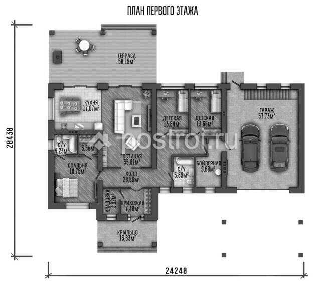 P-298-1P проект одноэтажного дома из пеноблоков с подвалом и гаражом размером 24 на 22 - 1-й этаж P-298-1P проект одноэтажного дома из пеноблоков с подвалом и гаражом размером 24 на 22 - 1-й этаж