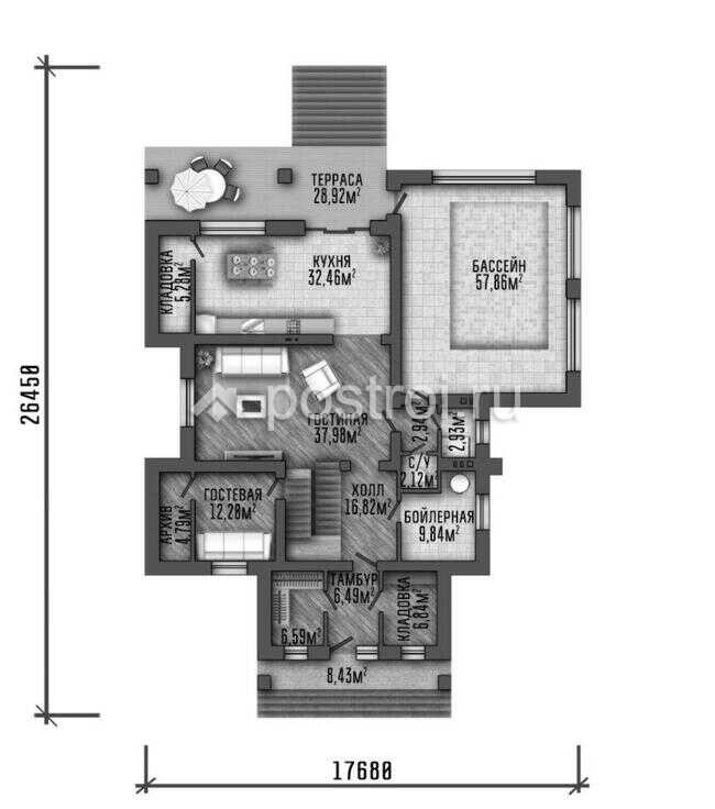 P-435-1P проект дома из газобетона с цоколем размером 18 на 26 - 1-й этаж P-435-1P проект дома из газобетона с цоколем размером 18 на 26 - 1-й этаж