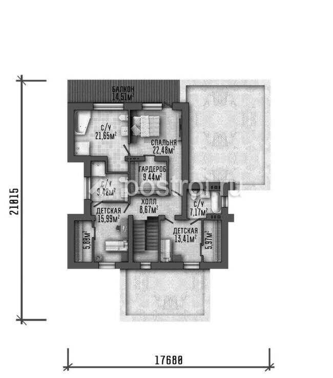 P-435-1P проект дома из газобетона с цоколем размером 18 на 26 - 2-й этаж P-435-1P проект дома из газобетона с цоколем размером 18 на 26 - 2-й этаж