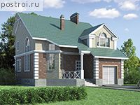 R-280-1K проект двухэтажного дома из кирпича с цоколем и гаражом размером 15 на 11 