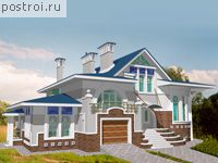 S-443-1K проект двухэтажного дома из кирпича с цоколем и гаражом размером 18 на 19 