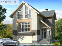 T-192-3P проект двухэтажного коттеджа из пенобетона с цоколем и гаражом размером 11 на 9 