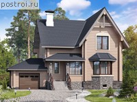 T-203-1D проект двухэтажного деревянного дома из бруса с цоколем и гаражом размером 13 на 12