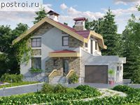 T-209-1K проект двухэтажного дома из кирпича с цоколем и мансардой и гаражом размером 8 на 12 