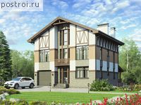 U-354-1P проект трехэтажного коттеджа из газобетона с цоколем и мансардой и гаражом размером 11 на 12 