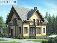 V-252-1D проект двухэтажного деревянного коттеджа из бруса с цоколем и мансардой и гаражом размером 12 на 11 